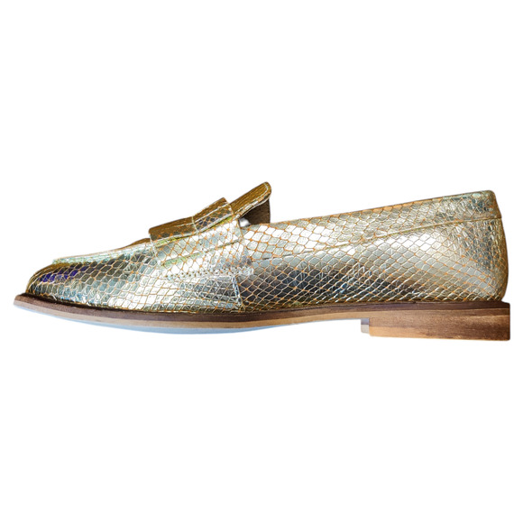 Seychelles Gold Metallic Powerful Leather Snakeskin Fringe Loafers 6.5 Holiday - Picture 5 of 13